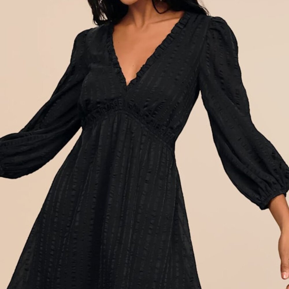 Lulus Forever In My Heart Black Striped Balloon Sleeve Mini Dress - Size L
